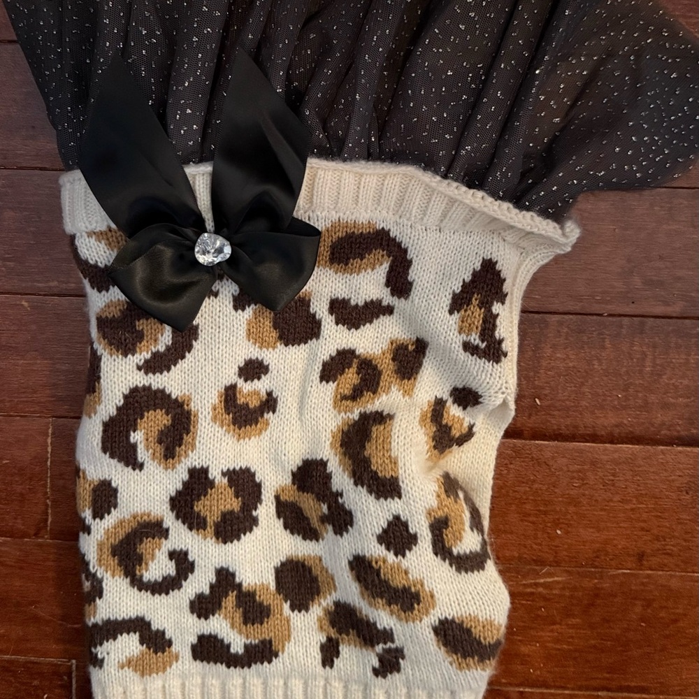 Leopard Print Knit dog Dress with Black Bow